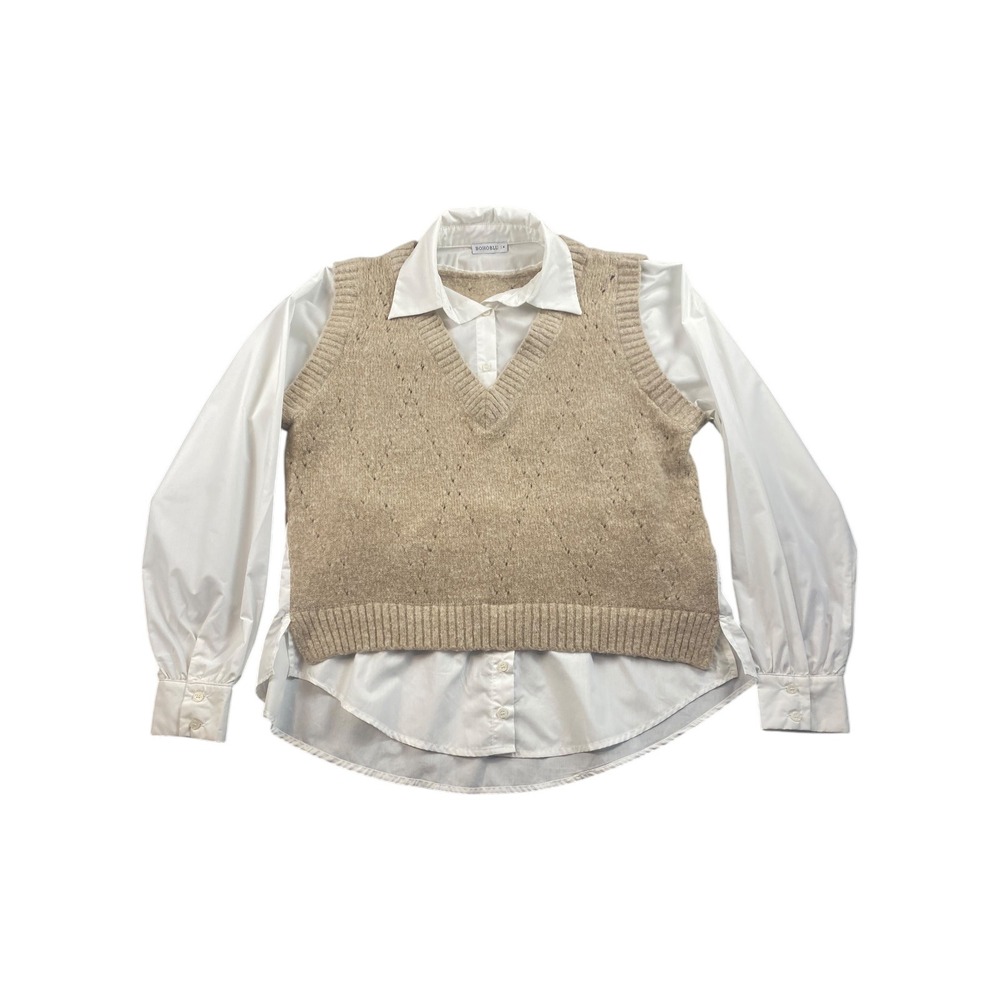 BOHOBLU Women's Knit Sweater Vest with Collared White Shirt‎ Layered Top M